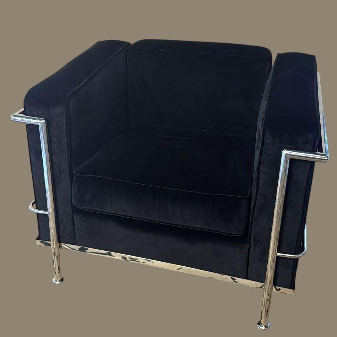 Le Corbusier Style Italian Armchair In Black Velvet With Stainless Steel Frame photo furniture