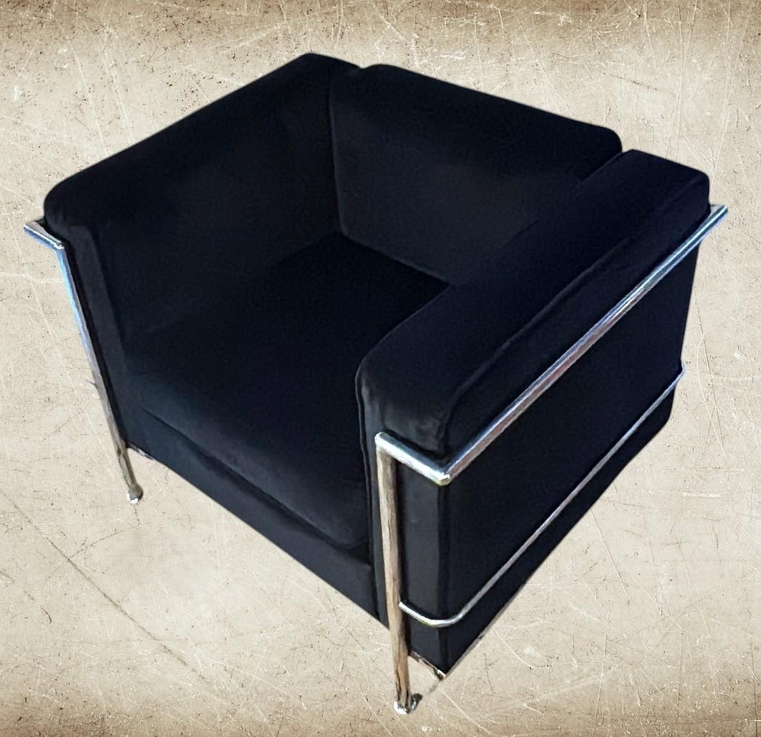 Le Corbusier Style Italian Armchair In Black Velvet With Stainless Steel Frame photo vintage