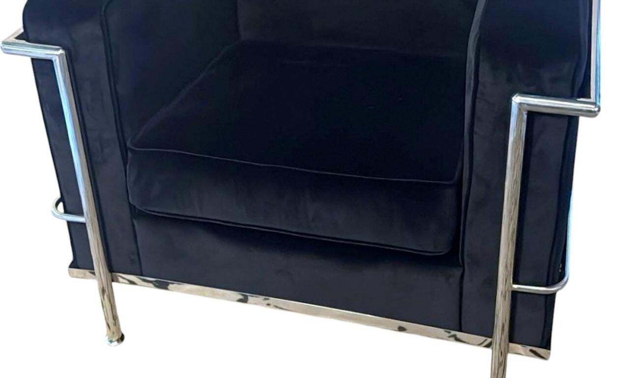 2416.0 Le Corbusier Style Italian Armchair In Black Velvet With Stainless Steel Frame photo
