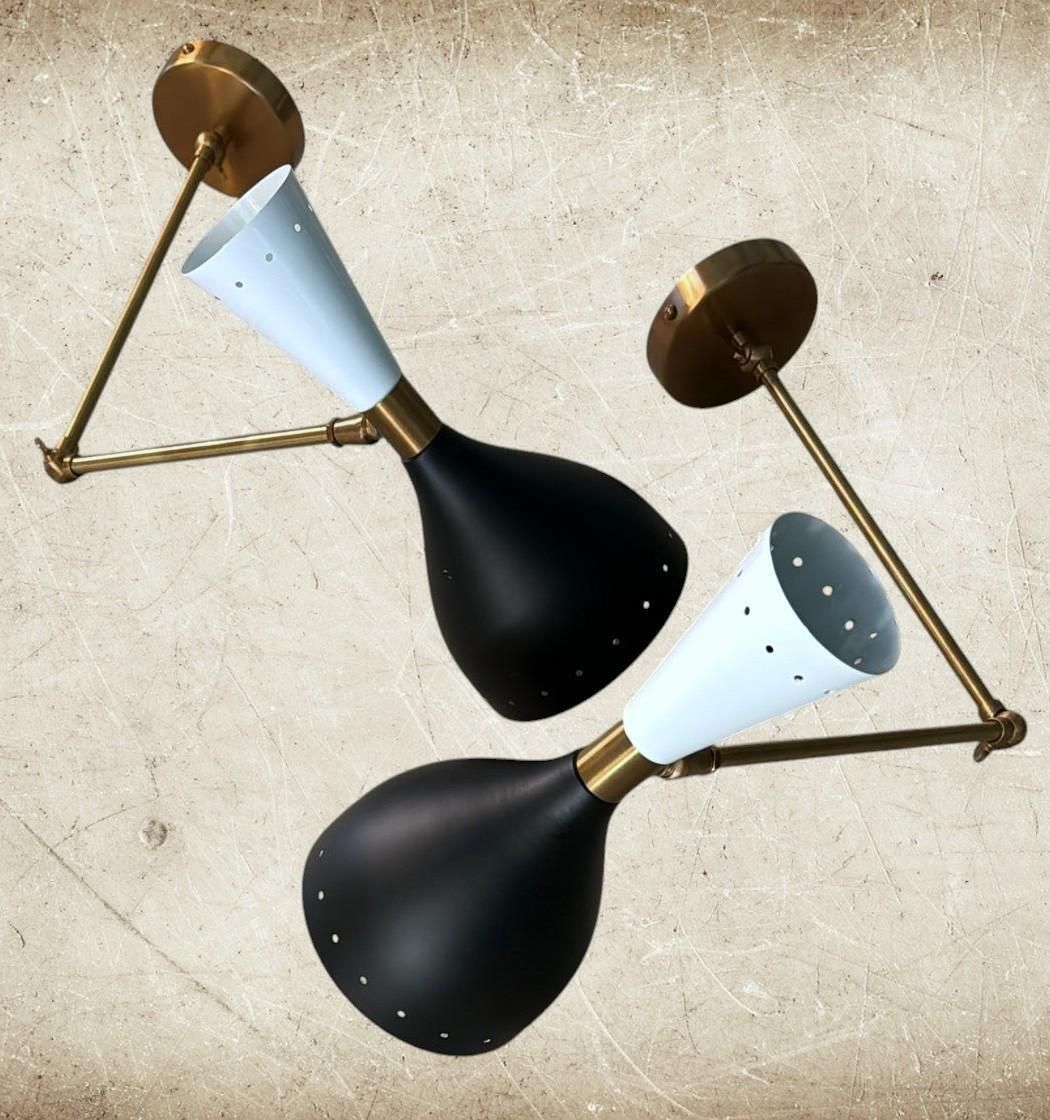 Stilnovo Style Pair Of Italian Brass And Painted Metal Wall Sconces photo for sale