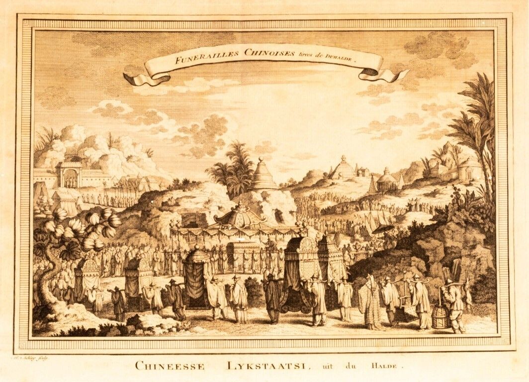 Antique 18th Century Engraving Titled “Chinese Funeral” By Jakob Van Der Schley After A Drawing By Du Halde