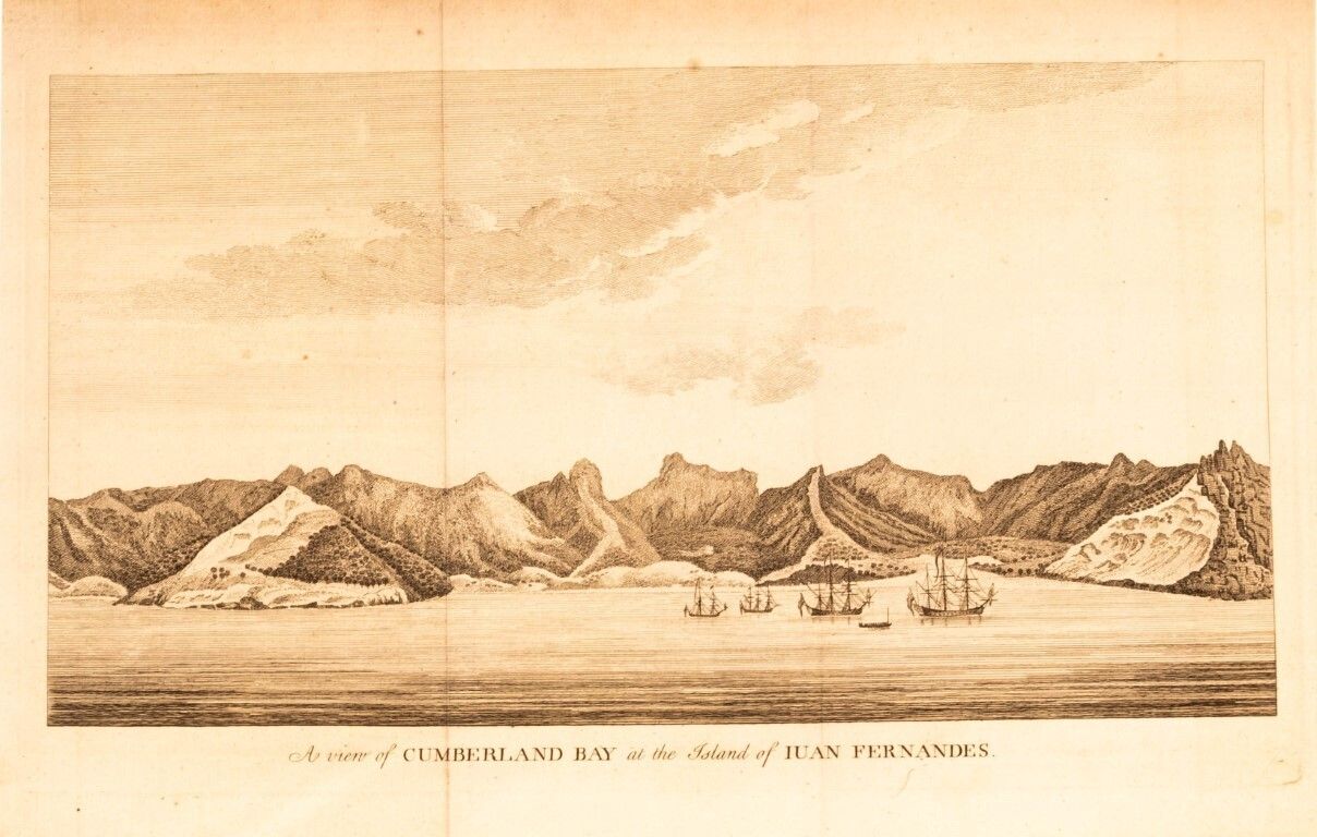 Antique 18th Century Engraving Titled “A View Of Cumberland Bay At The Island Of Juan Fernandes”
