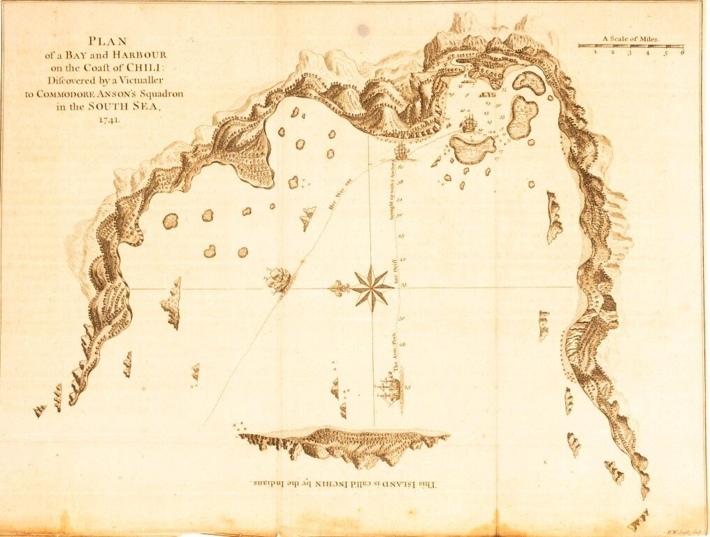 Antique 18th Century Engraving Map Titled “Plan Of A Bay And Harbour On The Coast Of Chili”
