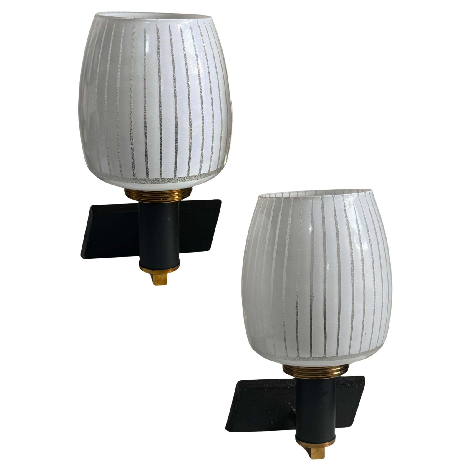 Pair Of Mid Century Italian Frosted Glass And Brass Wall Sconces
