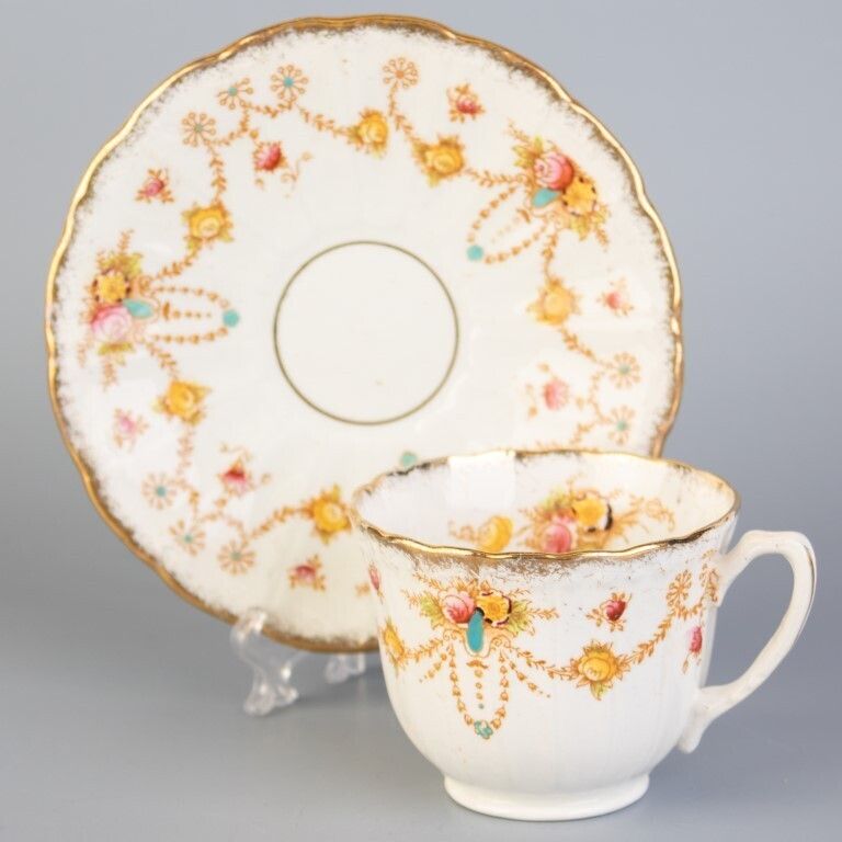 Antique Art Nouveau Bow Porcelain Ceramic Teacup & Saucer