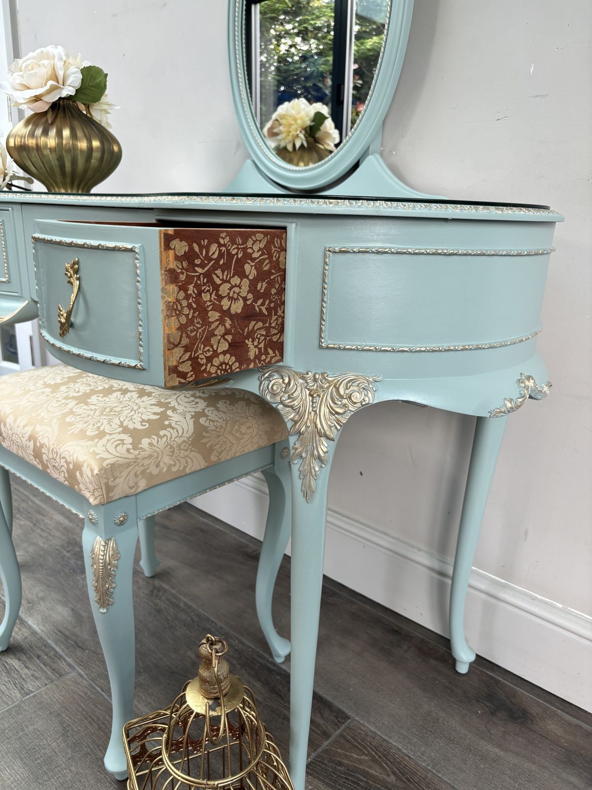 Blue Louis Dressing Table With Mirror And Stool photo furniture