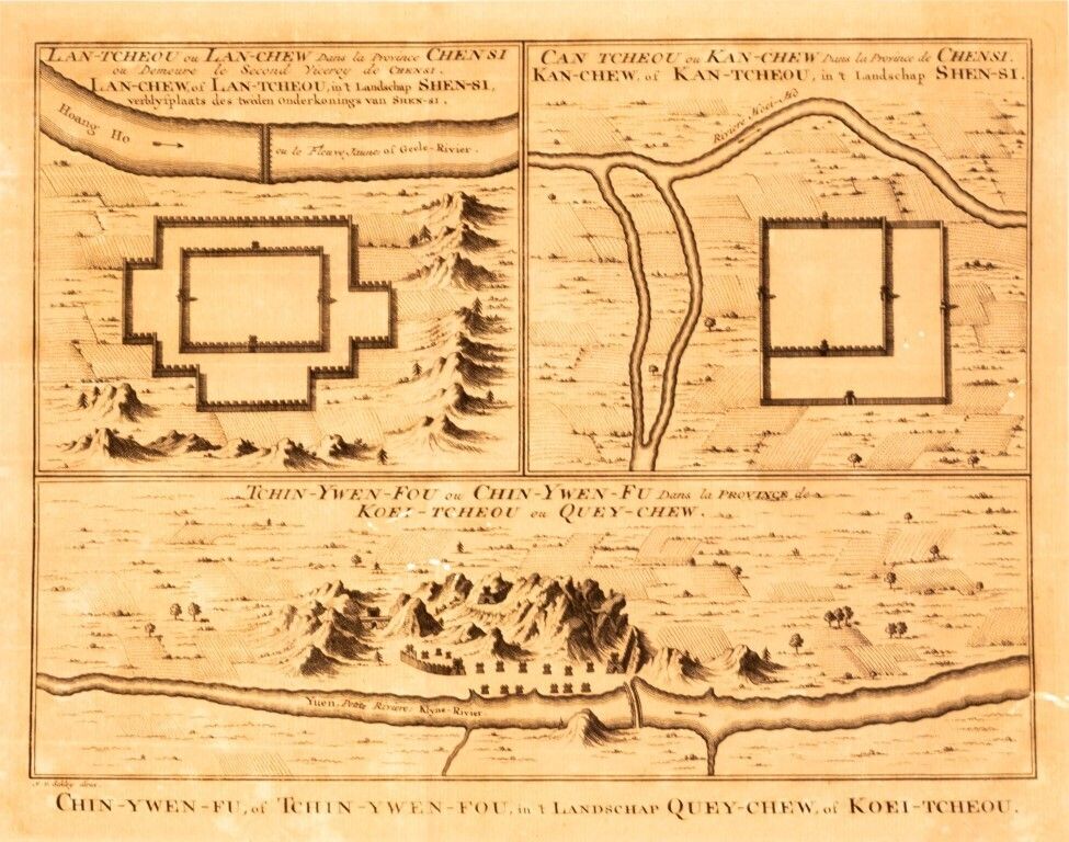 Antique 18th Century Engraving Map Of Three Chinese Cities In The Provinces Of Shanxi And Guizhou By Jacques Bellin