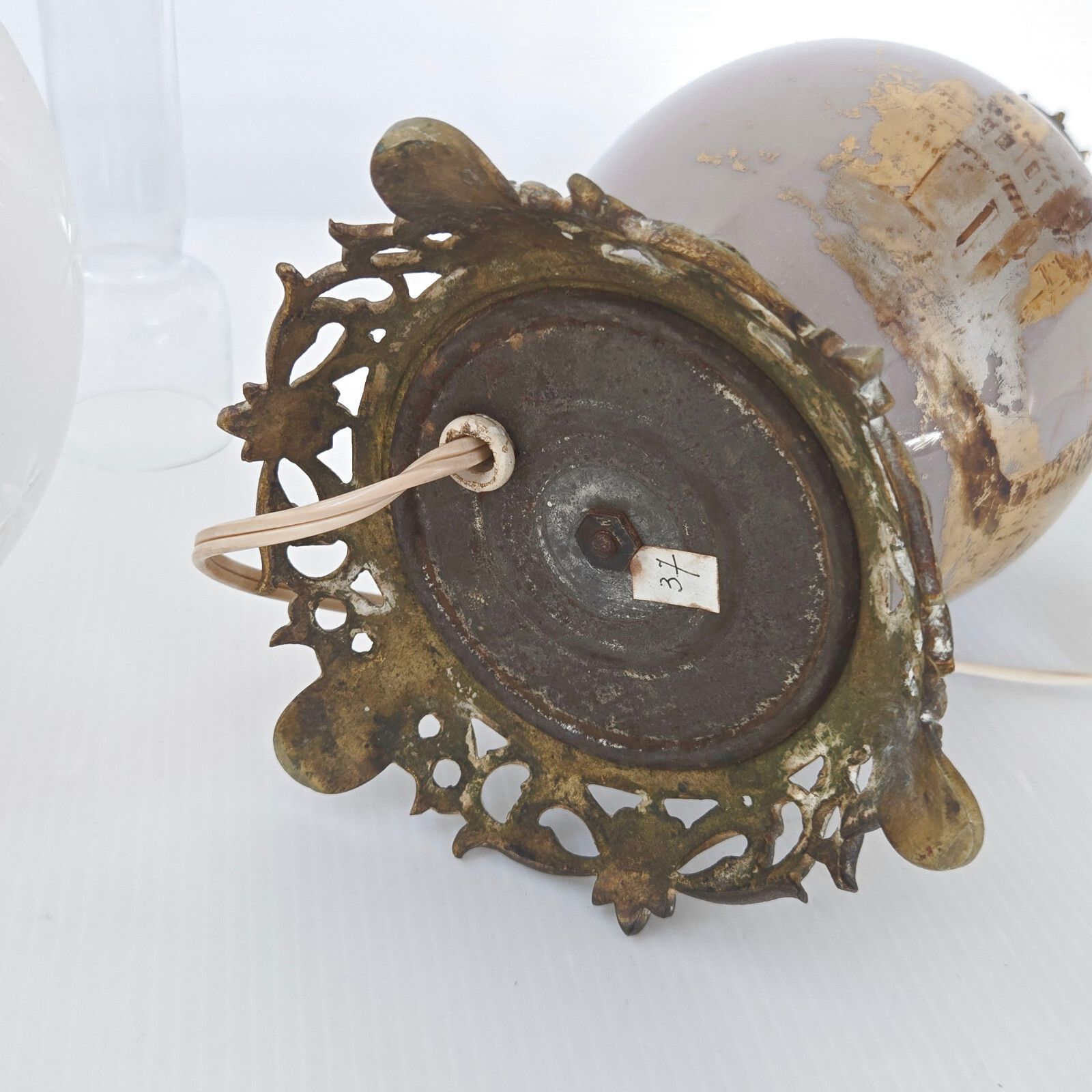 Antique Electrified Oil Lamp Late 19th Century Bronze Ceramic & Glass photo vintage