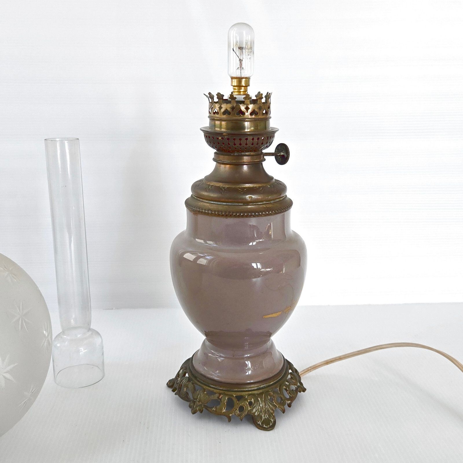 photo for sale Antique Electrified Oil Lamp Late 19th Century Bronze Ceramic & Glass