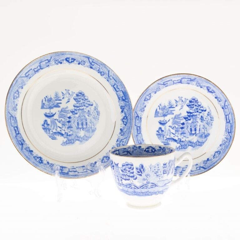 Antique Victorian Blue Willow Porcelain Ceramic Teacup Trio Bridgerton Taylor Kent