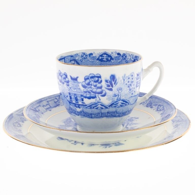 Antique Victorian Blue Willow Porcelain Ceramic Teacup Trio Bridgerton Taylor Kent photo for sale
