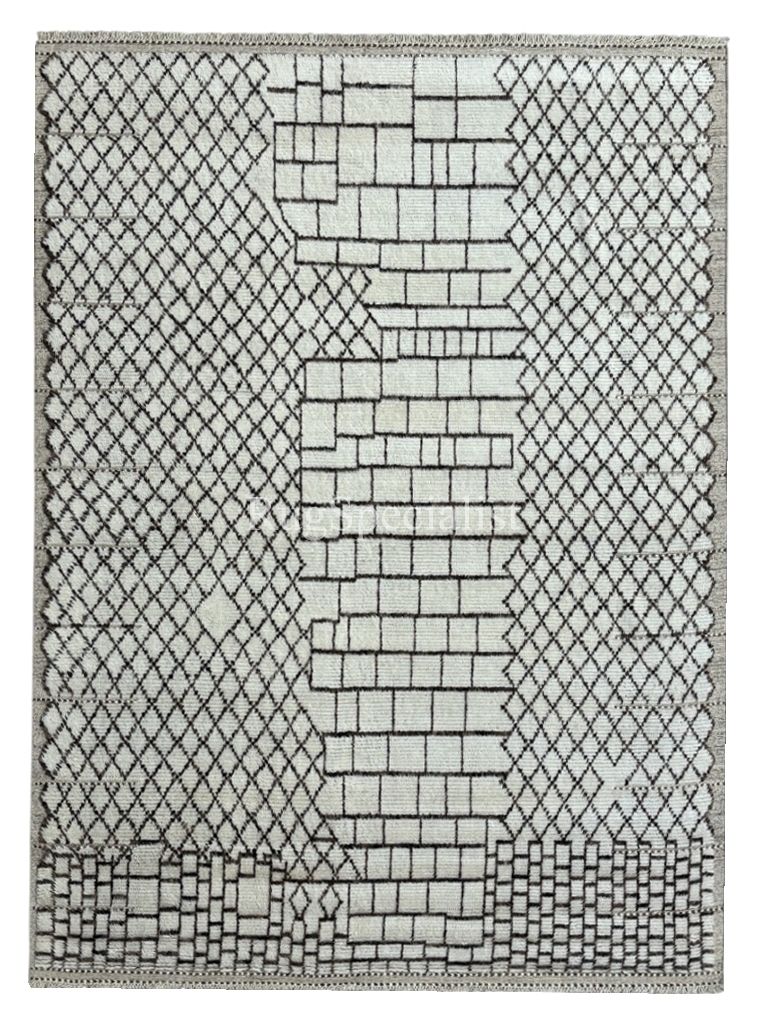 275x365 Cm Hand Knotted Moroccan Design Rug. Vintage Handmade Beni Ourain Carpet. 100% Natural Wool. 9x12 Ft