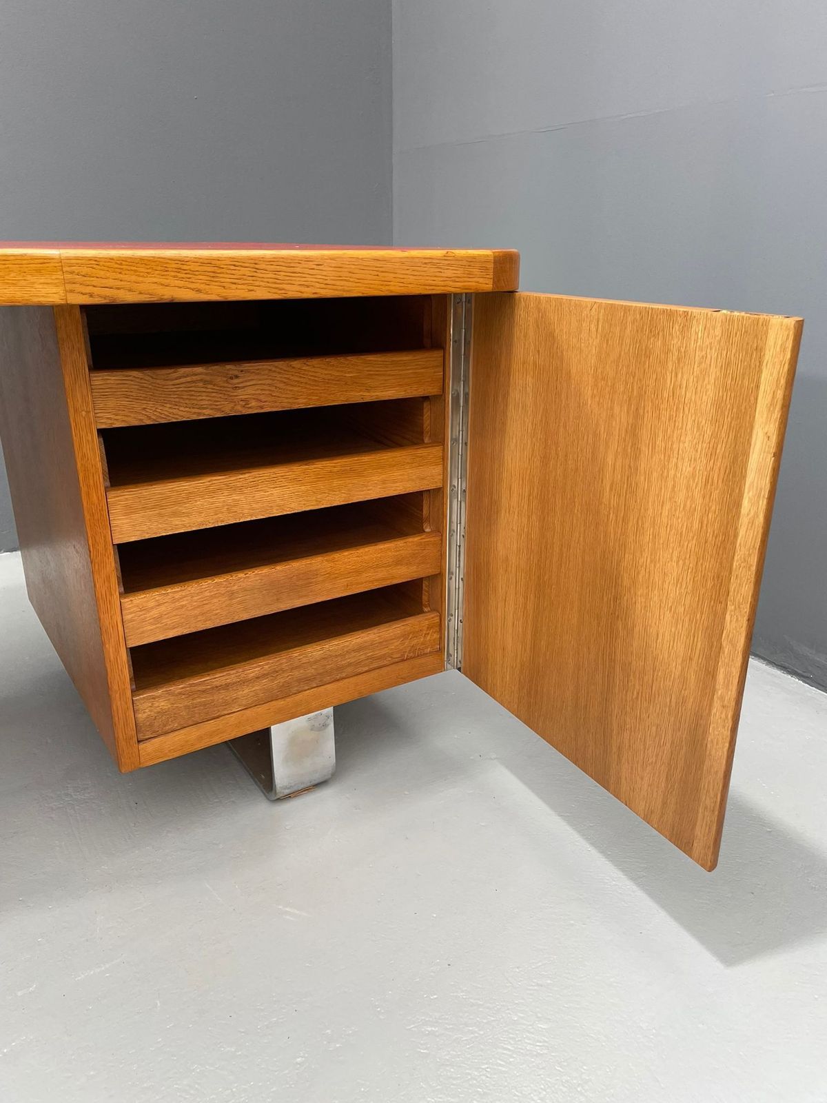 Bauhaus Walnut Writing Desk With Red Top – Vintage Mid Century Design photo vintage