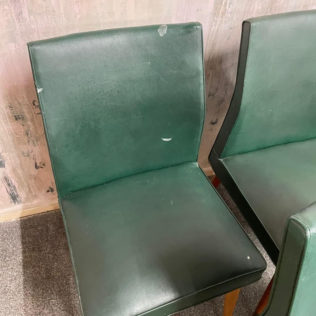 5x Vintage Retro Dining Chairs Faux Leather Tapered Teak Legs Brass Caps photo Furniture