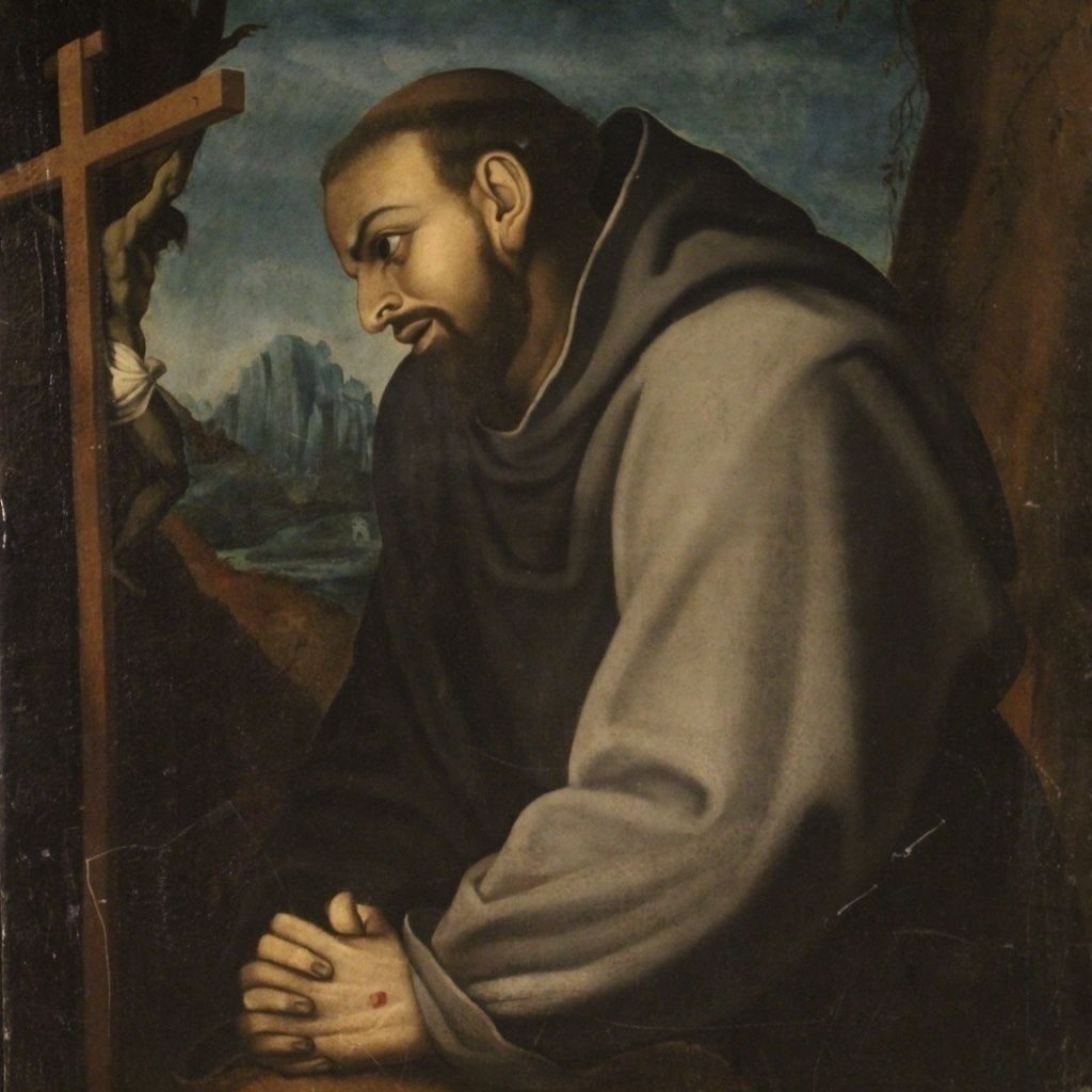 Antique Italian Religious Painting Saint Francis From 18th Century photo buy