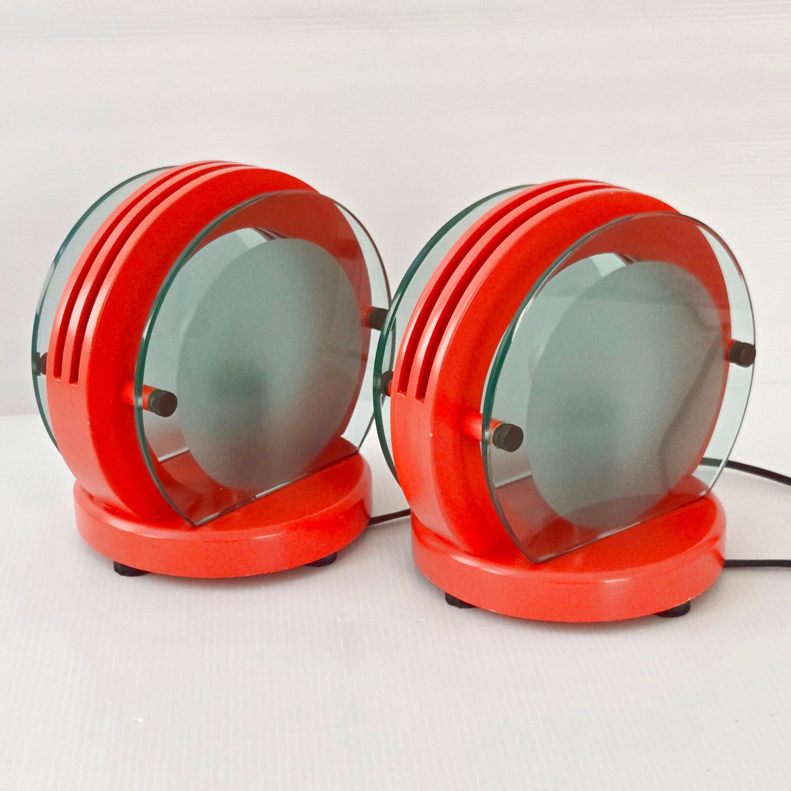 Lighting Pair Of Vintage 1970 Orange Wood Lacquer Orange & Glass Lamps 70s Space Age photo