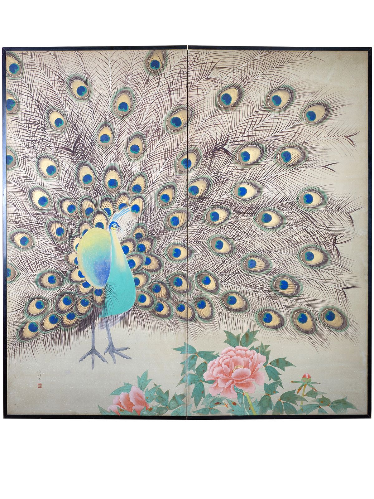 Two Fold Byobu Screen With Peacock And Flowers By Tokiaki photo furniture