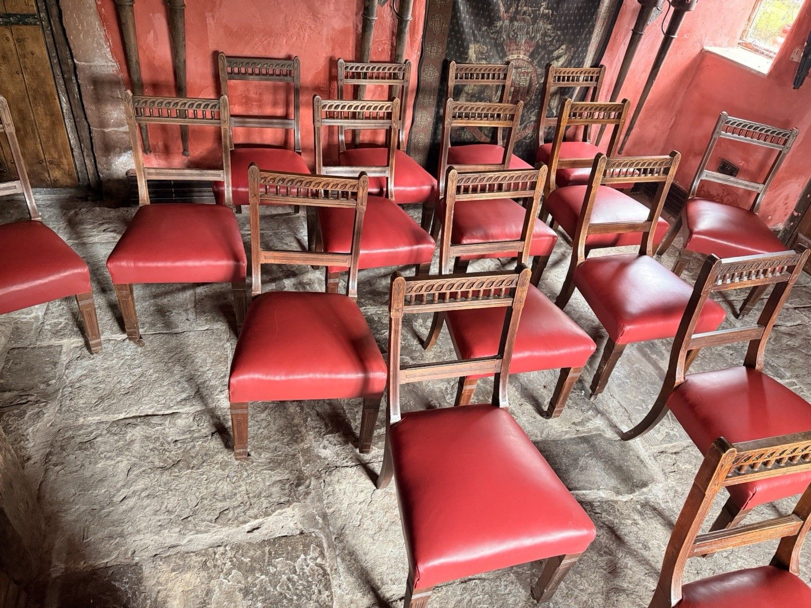 Large Set Of 16  Antique  Arts & Craft Mahogany Red Leather Diner Dining Chairs photo 1499.0
