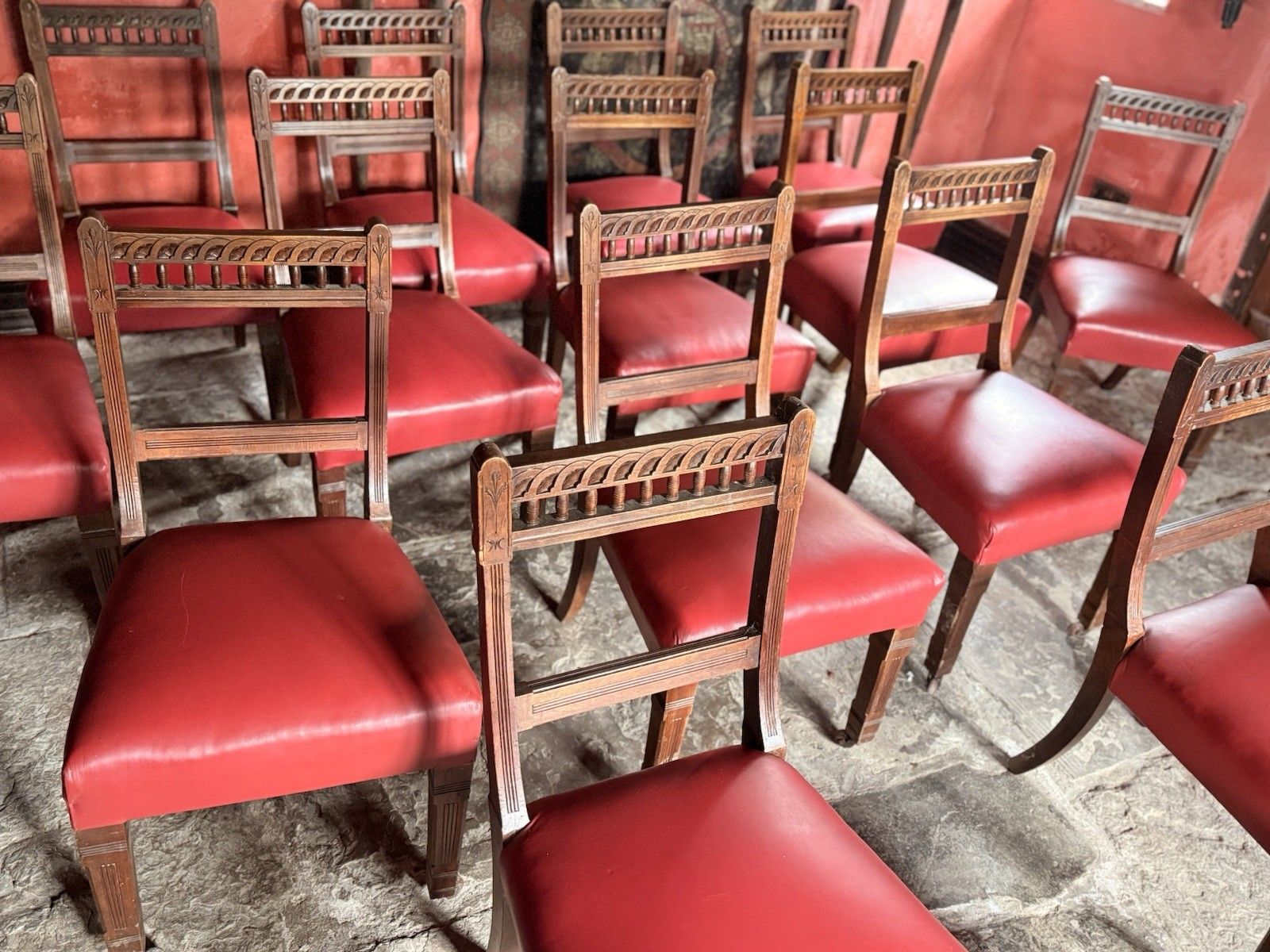 Large Set Of 16  Antique  Arts & Craft Mahogany Red Leather Diner Dining Chairs photo vintage