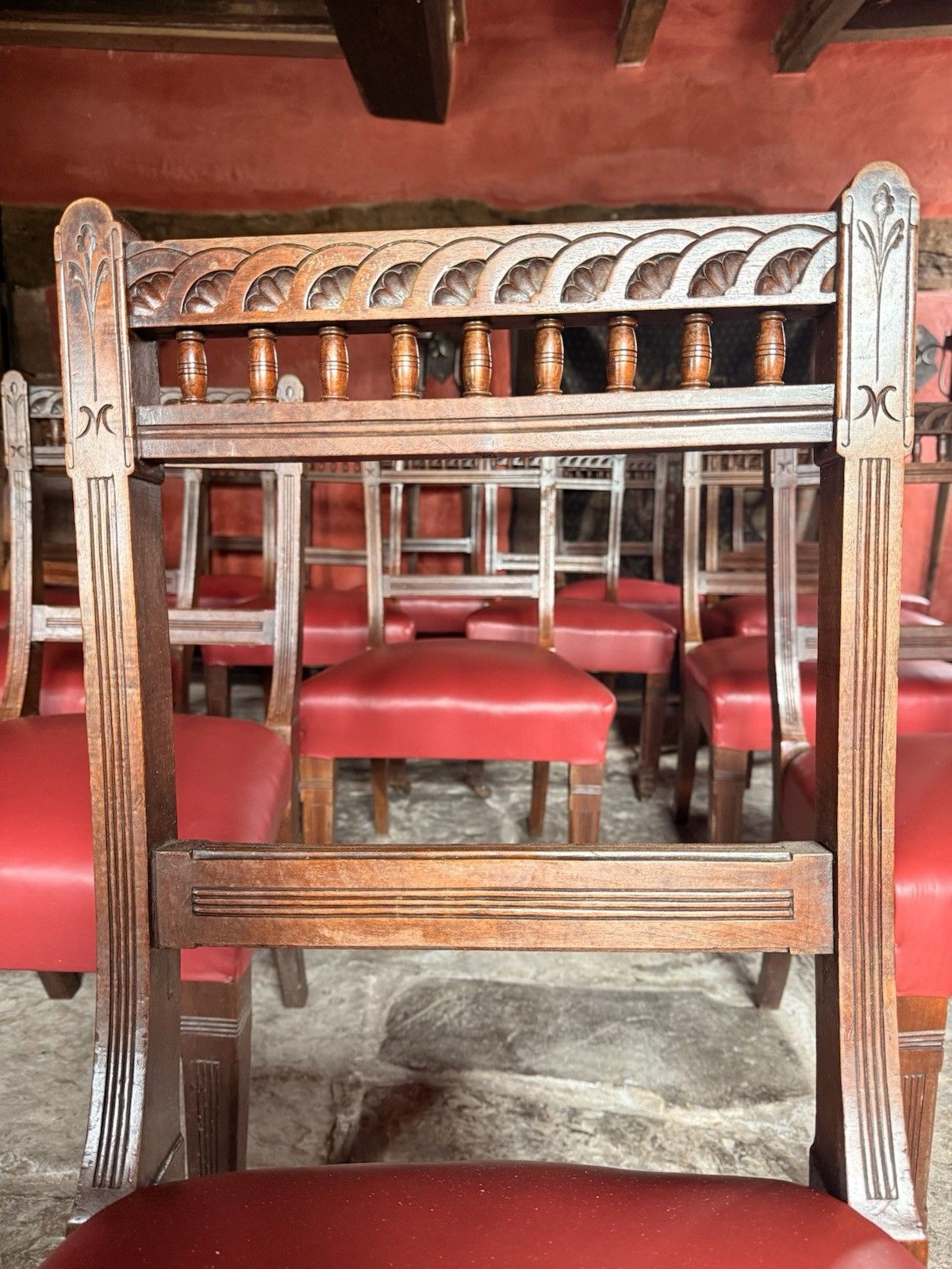 Furniture Large Set Of 16  Antique  Arts & Craft Mahogany Red Leather Diner Dining Chairs photo