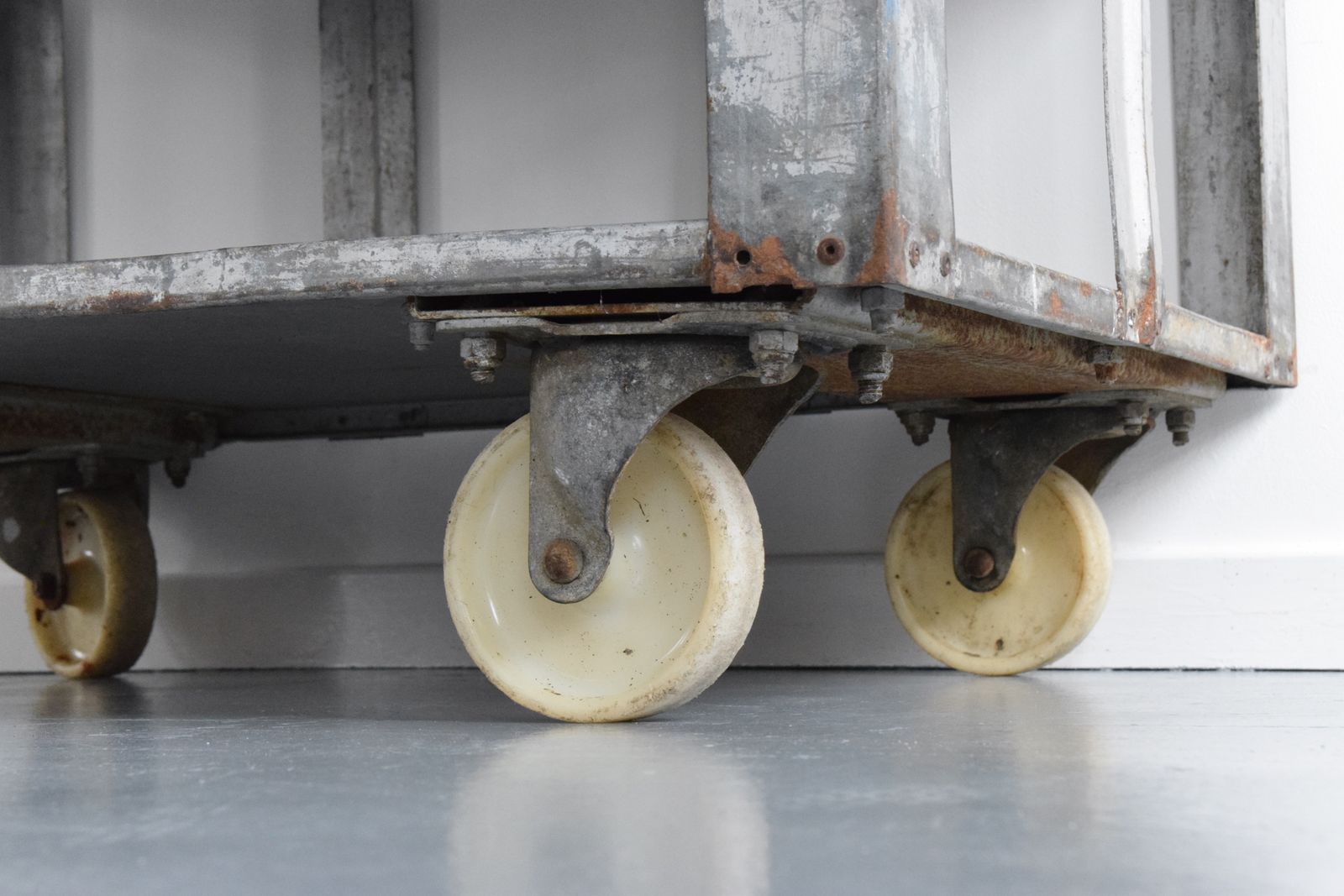 photo for sale Vintage Galvanised Metal Factory Shelves On Castors
