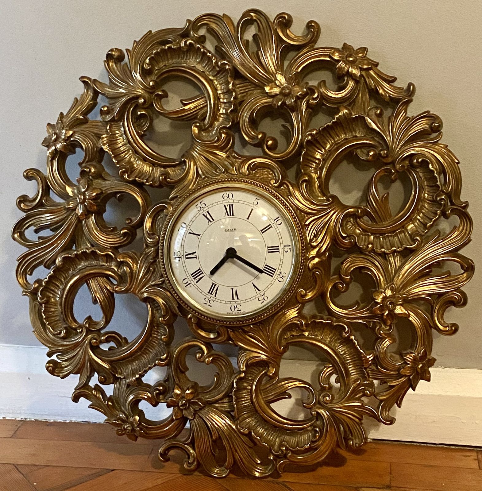 Vintage 1960's Jaeger Wall Clock French Rococo Design Jlc Lecoultre Lic Ato Deco Interior Design Atmos Reverso Memovox Master Polaris photo for sale