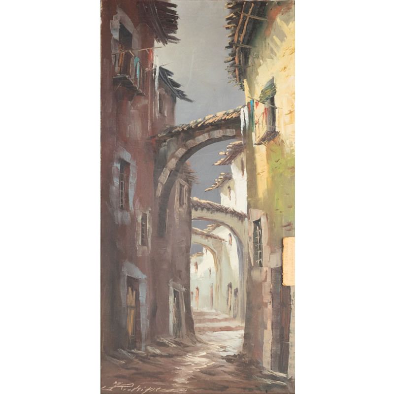 Spanish Oil Painting On Canvas Of Sevilla Street Signed Jose Rodriguez