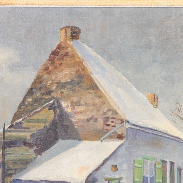 Winter Village Landscape Oil Painting On Canvas Signed photo for sale
