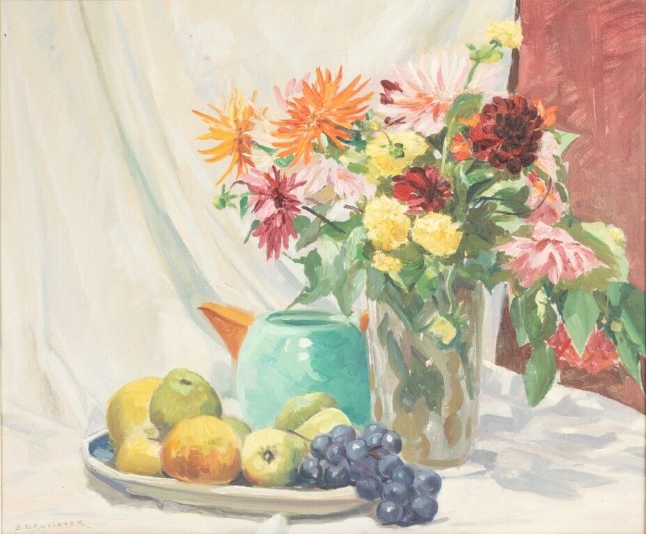 French Still Life Flowers Oil Painting On Canvas Signed S. Dauvister