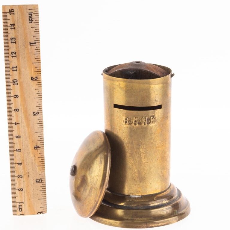 Antique English Brass Post Box Coin Bank photo for sale