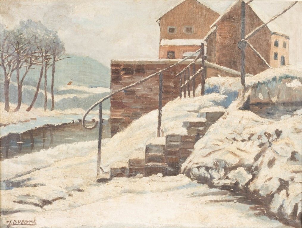 Winter Scene Oil Painting On Canvas Signed J Dupont Early 20th Century