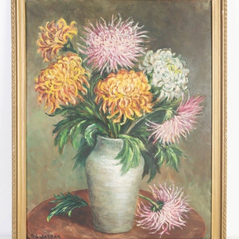 Still Life Flowers Oil Painting On Board Signed Jaspar photo furniture