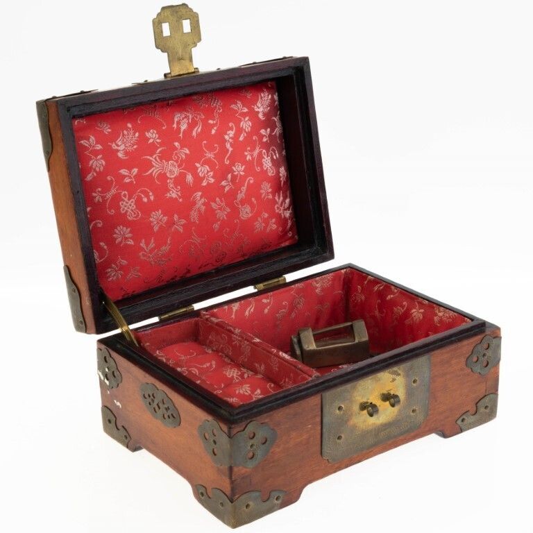 Antique Chinese Brass Mounted Wood & Jade Jewellery Box photo furniture