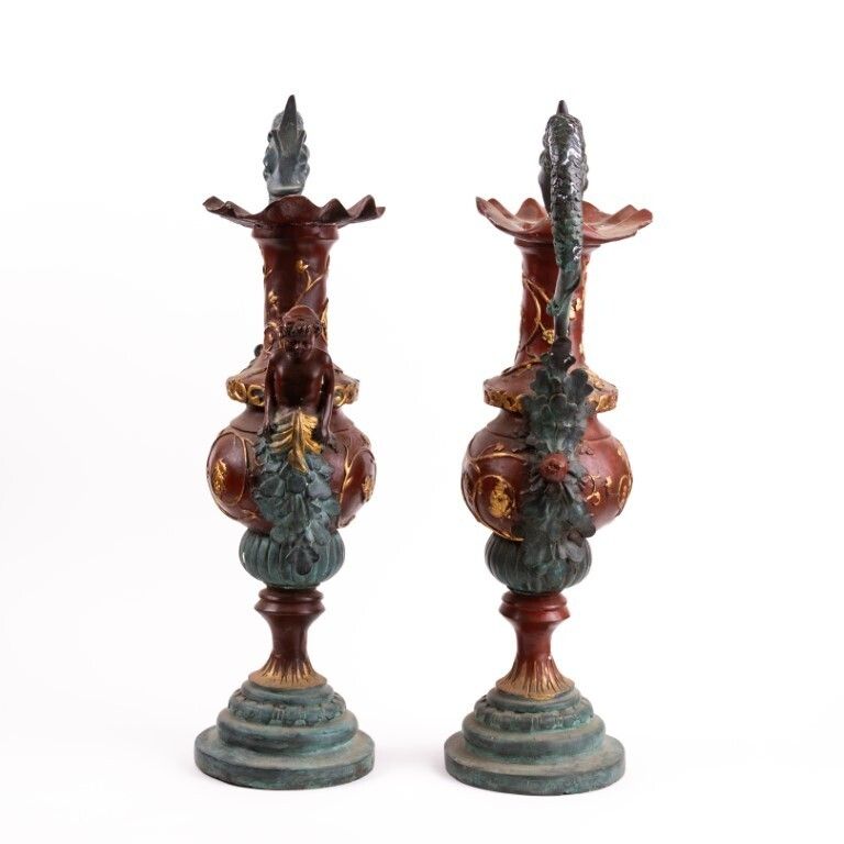 Pair Of Large Antique Bronze Ewers Decorated With Cherubs 19th Century photo furniture