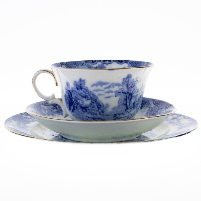 Antique Old English Scenery Heathcote Porcelain Teacup & Saucers
