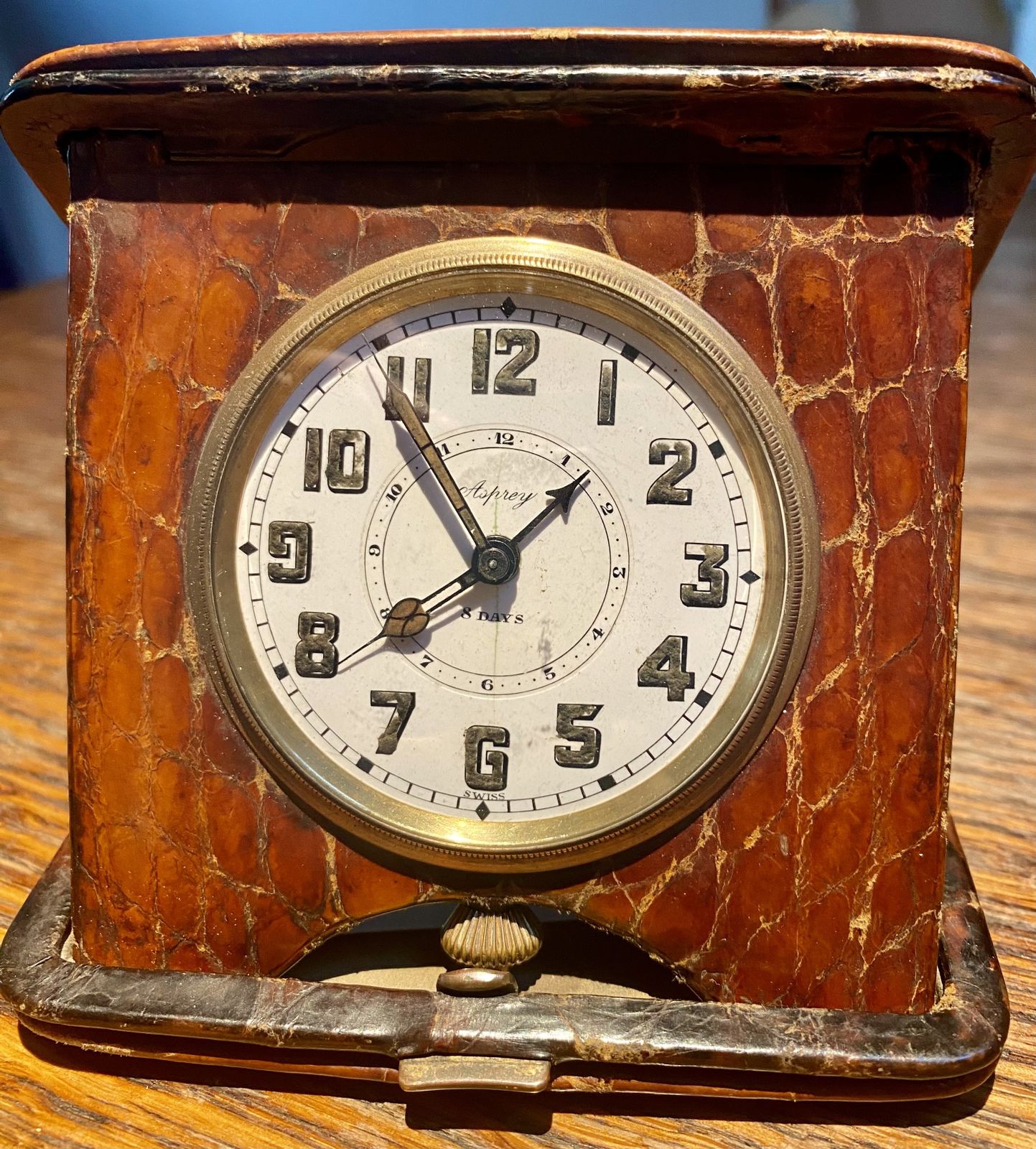 photo for sale Rare Asprey London Antique Crocodile Skin Travel Desk Clock Pocket Watch Art Deco Circa 1930s Traveling Alarm Clock