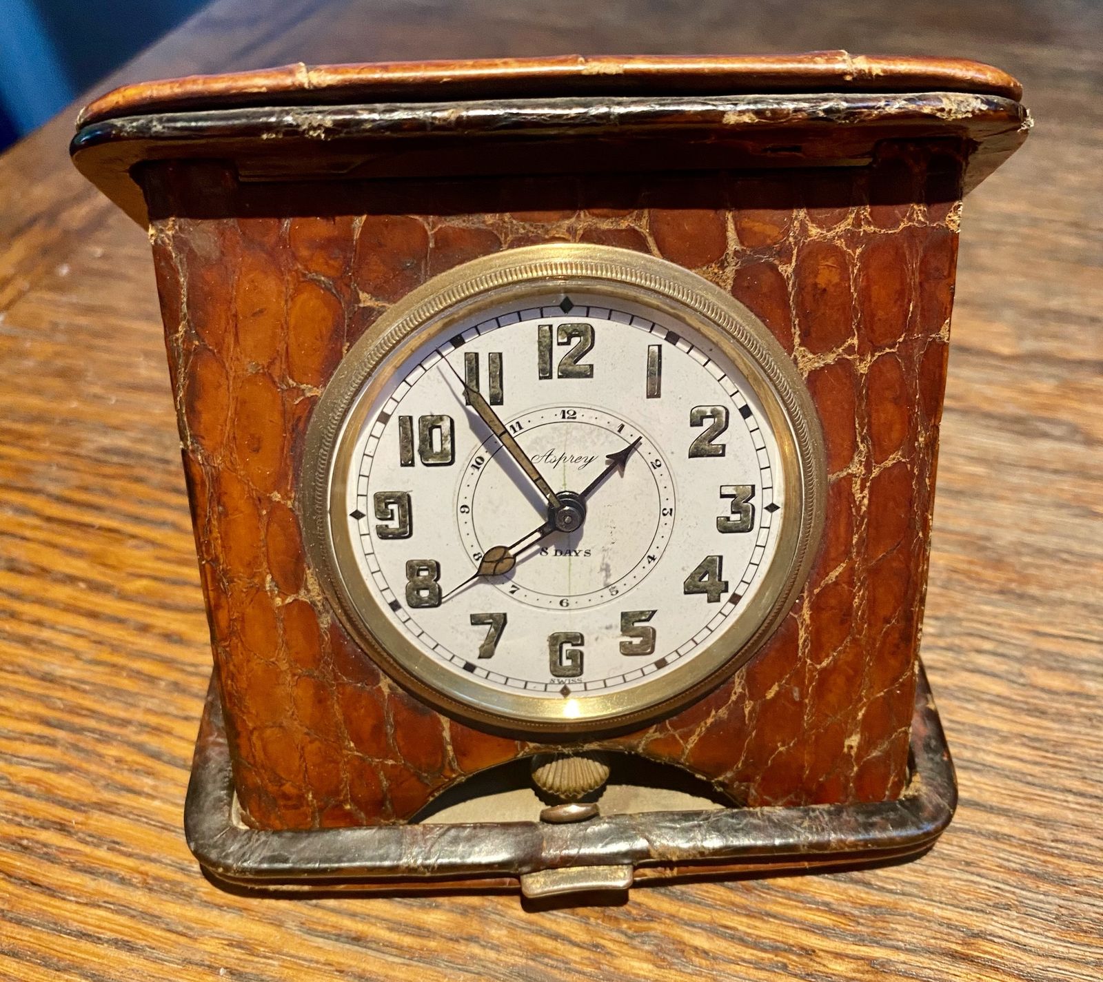 Rare Asprey London Antique Crocodile Skin Travel Desk Clock Pocket Watch Art Deco Circa 1930s Traveling Alarm Clock photo vintage