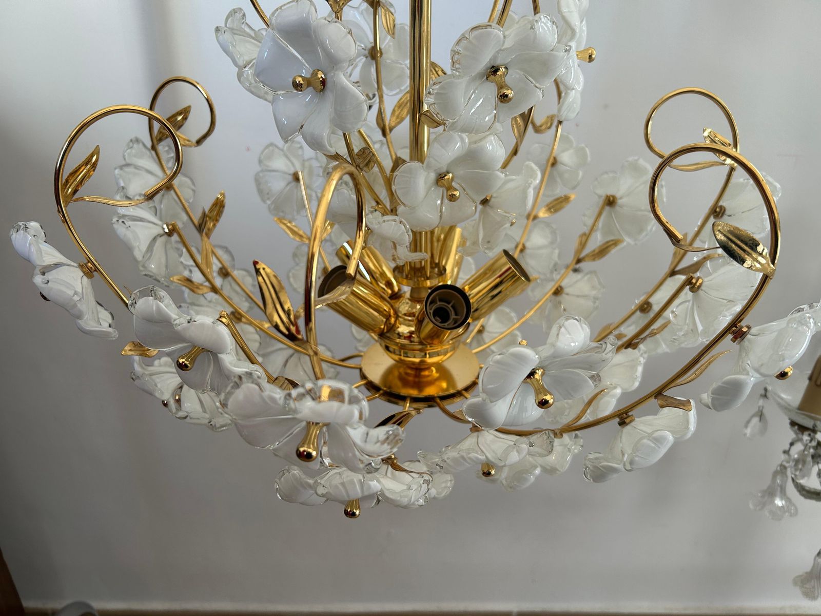 Dew And Gold, Majestic Murano White Flowers Chandelier, 1980's photo buy