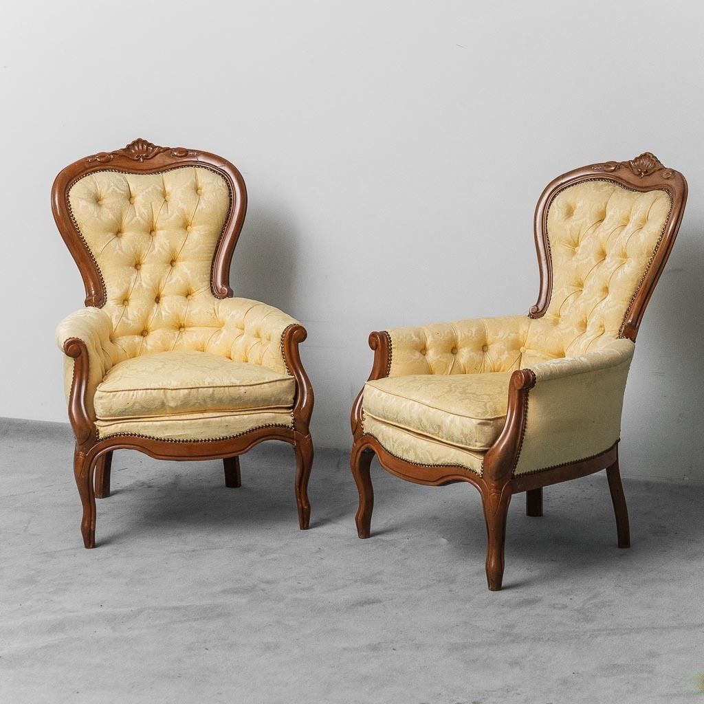 Pair Of Louis Philippe Style Armchairs Wood Yellow Fabric XIX photo for sale