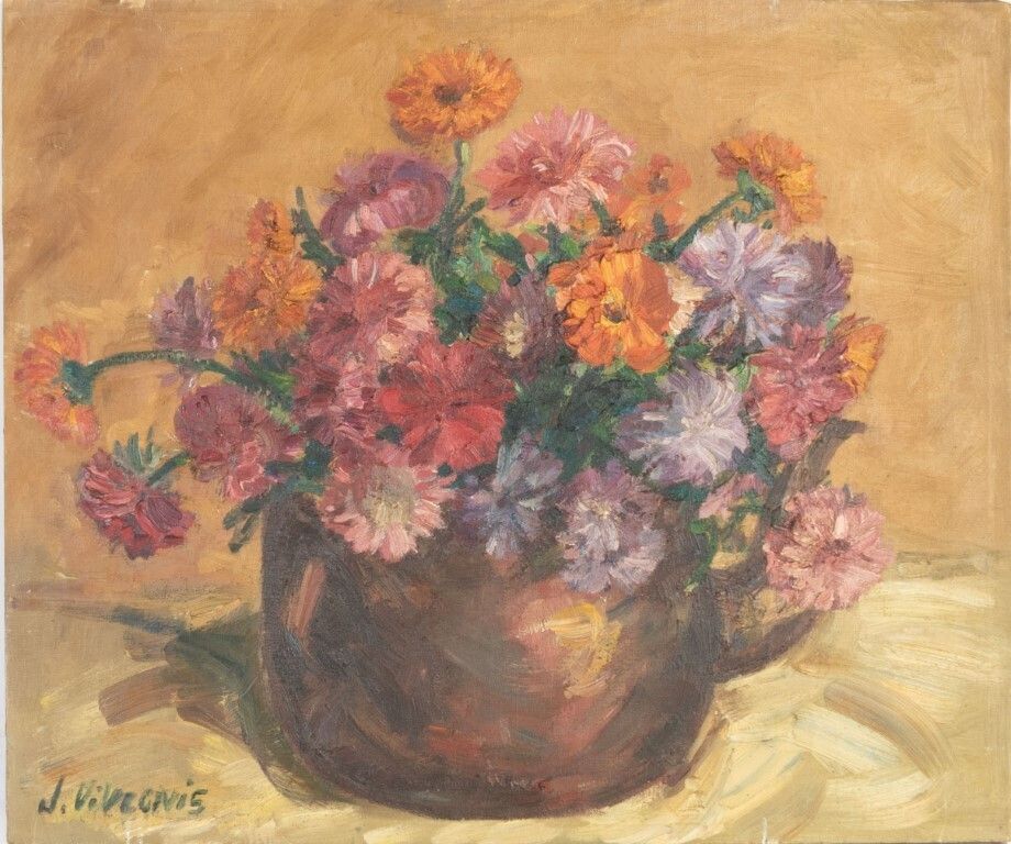 French Impressionistic Still Life Flowers Oil Painting On Canvas Signed