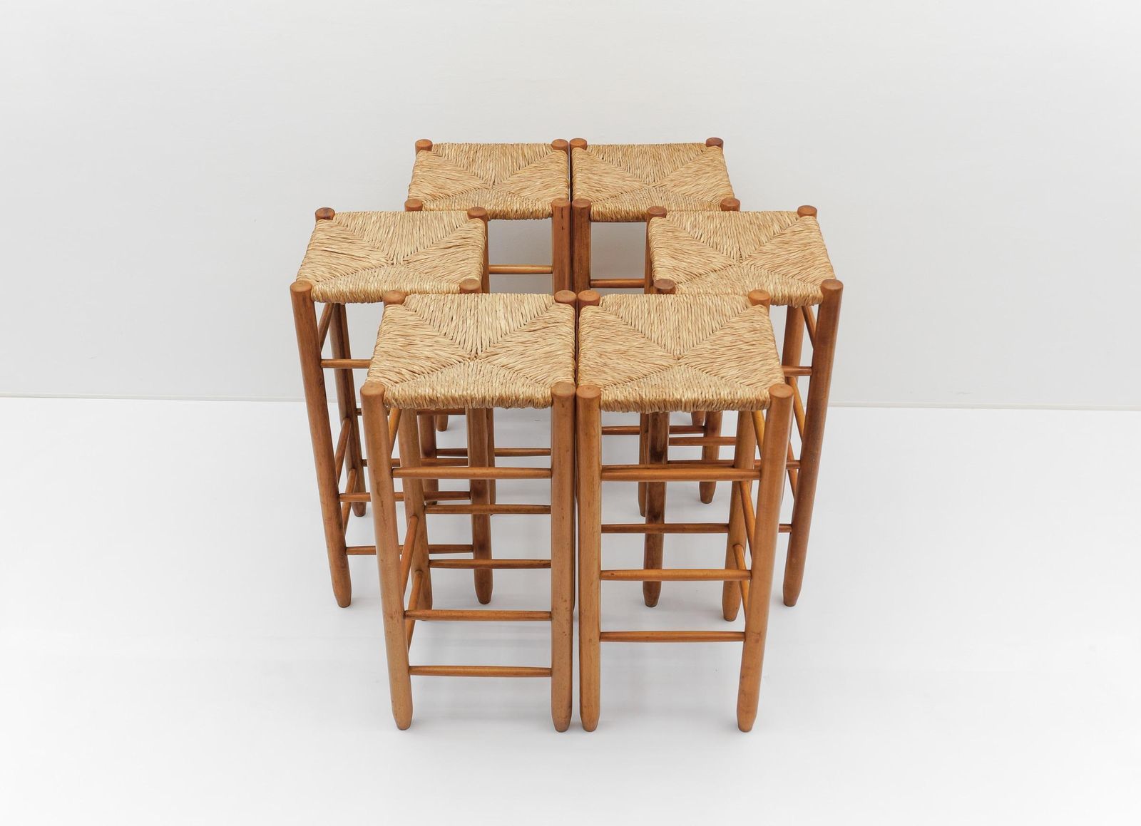 Set Of 6 Mid Century Bar Stools In Wood And Bast, 1960s Italy photo for sale