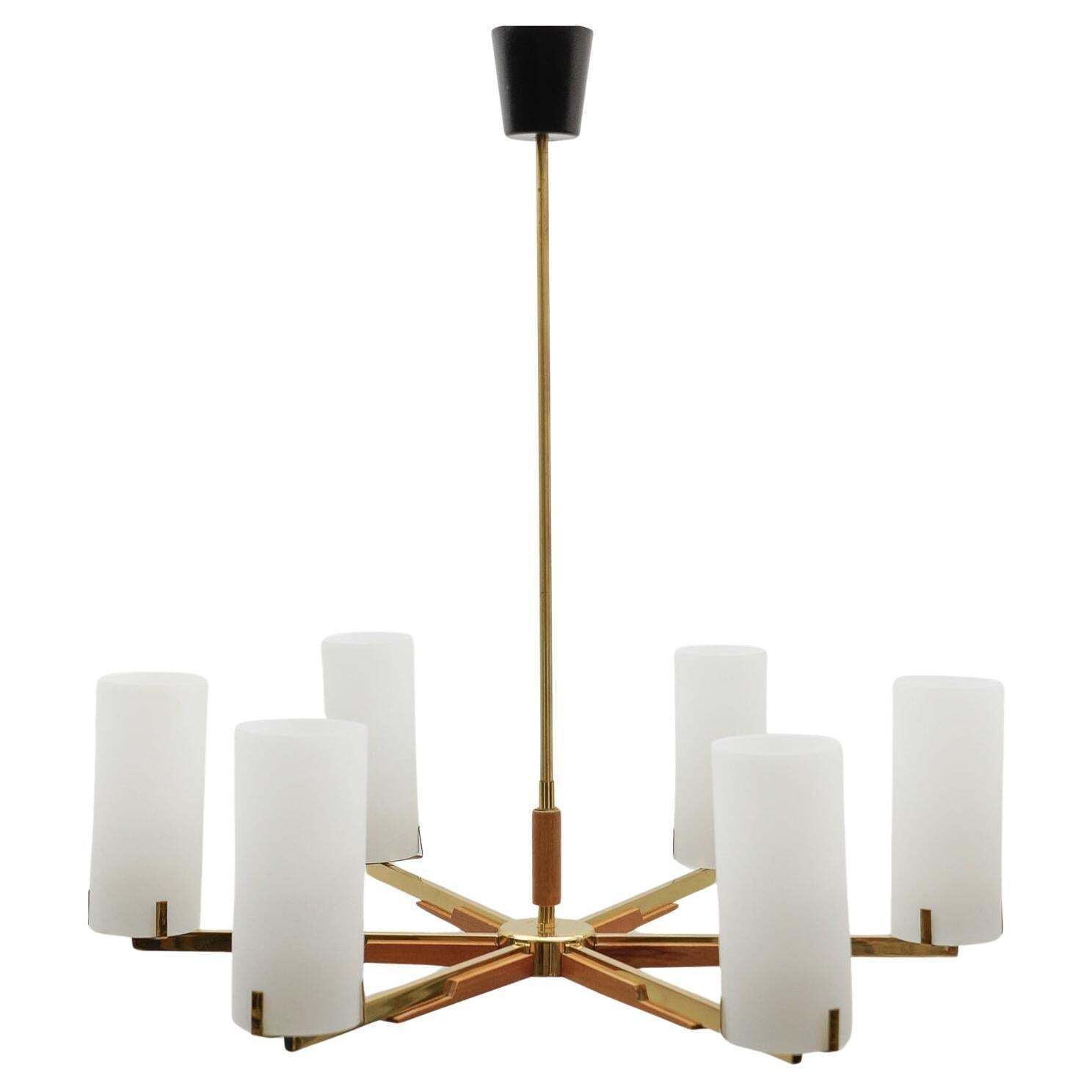 Teak, Brass And Opaline Glass Pendant Lamp By Kaiser Leuchten, 1960s