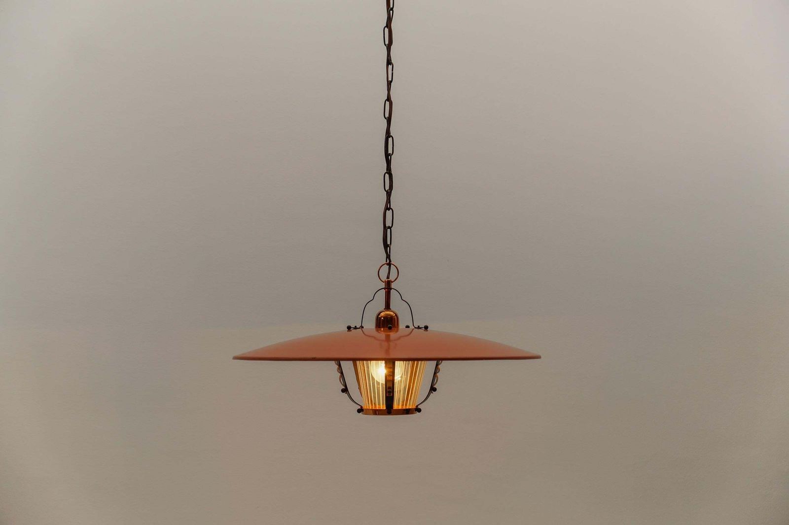 Beautiful Mid Century Modern Hanging Lamp In Glass, Copper And Metal, 1950s photo for sale