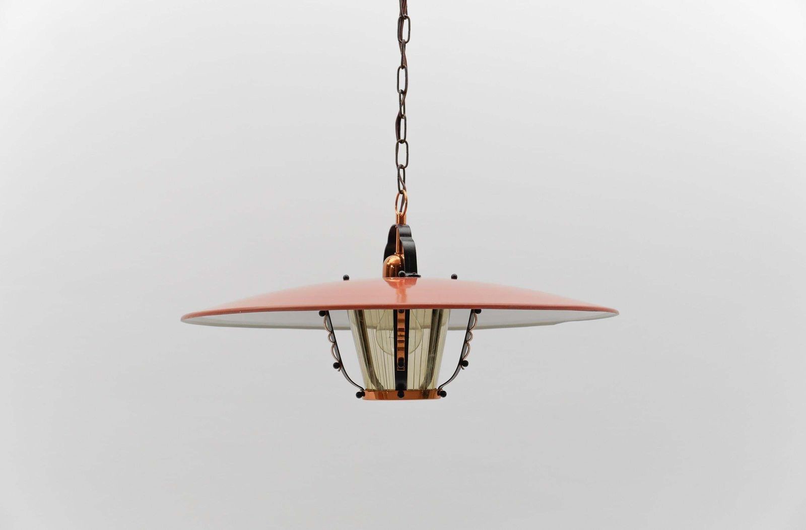 Beautiful Mid Century Modern Hanging Lamp In Glass, Copper And Metal, 1950s photo Lighting