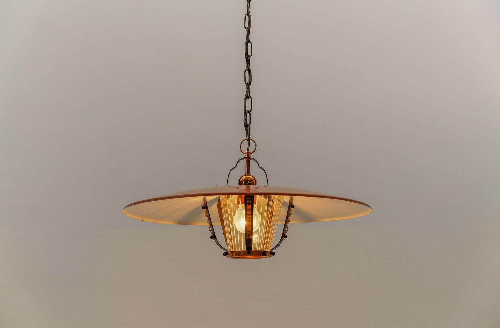 photo furniture Beautiful Mid Century Modern Hanging Lamp In Glass, Copper And Metal, 1950s