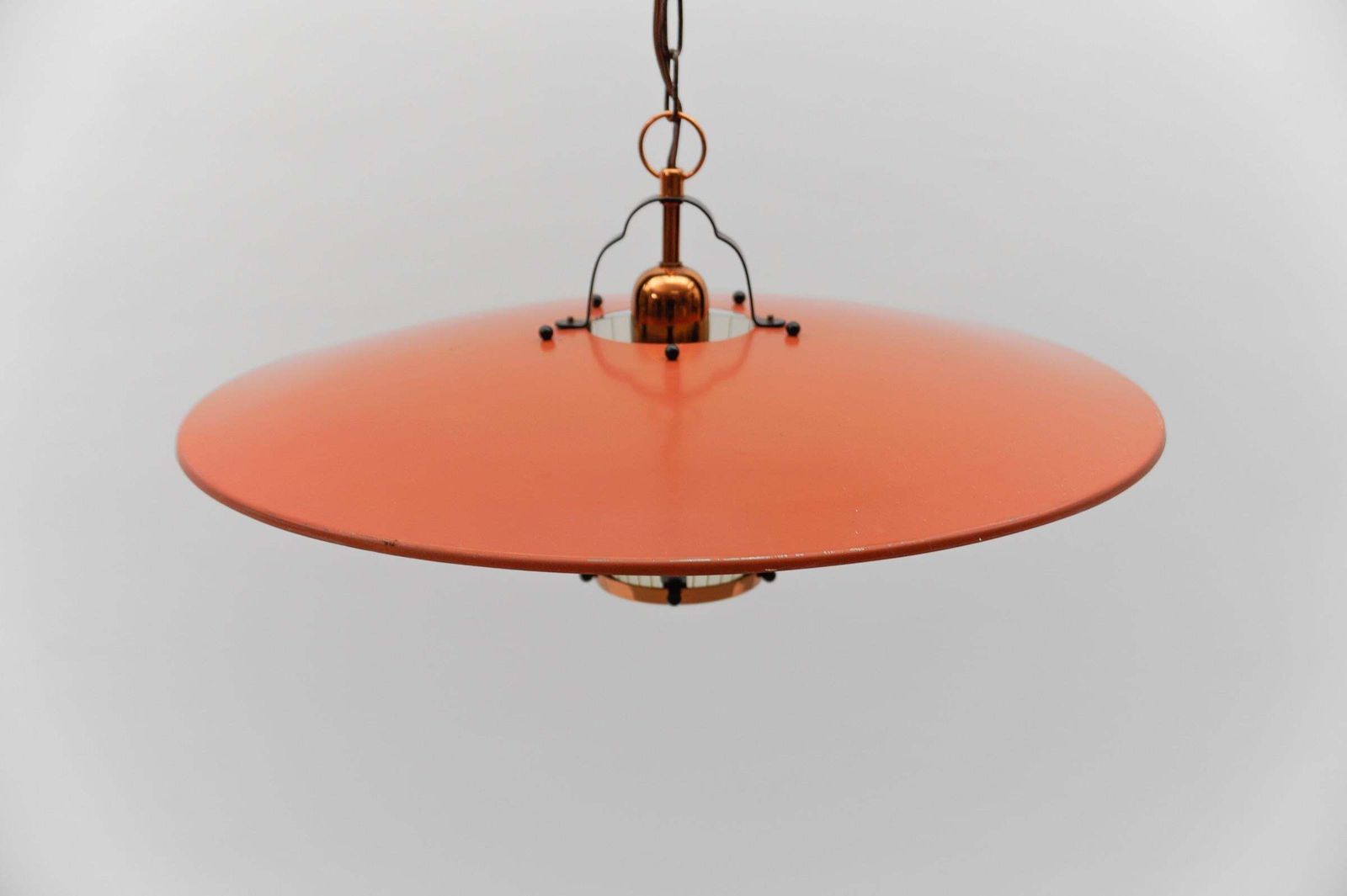Lighting Beautiful Mid Century Modern Hanging Lamp In Glass, Copper And Metal, 1950s photo