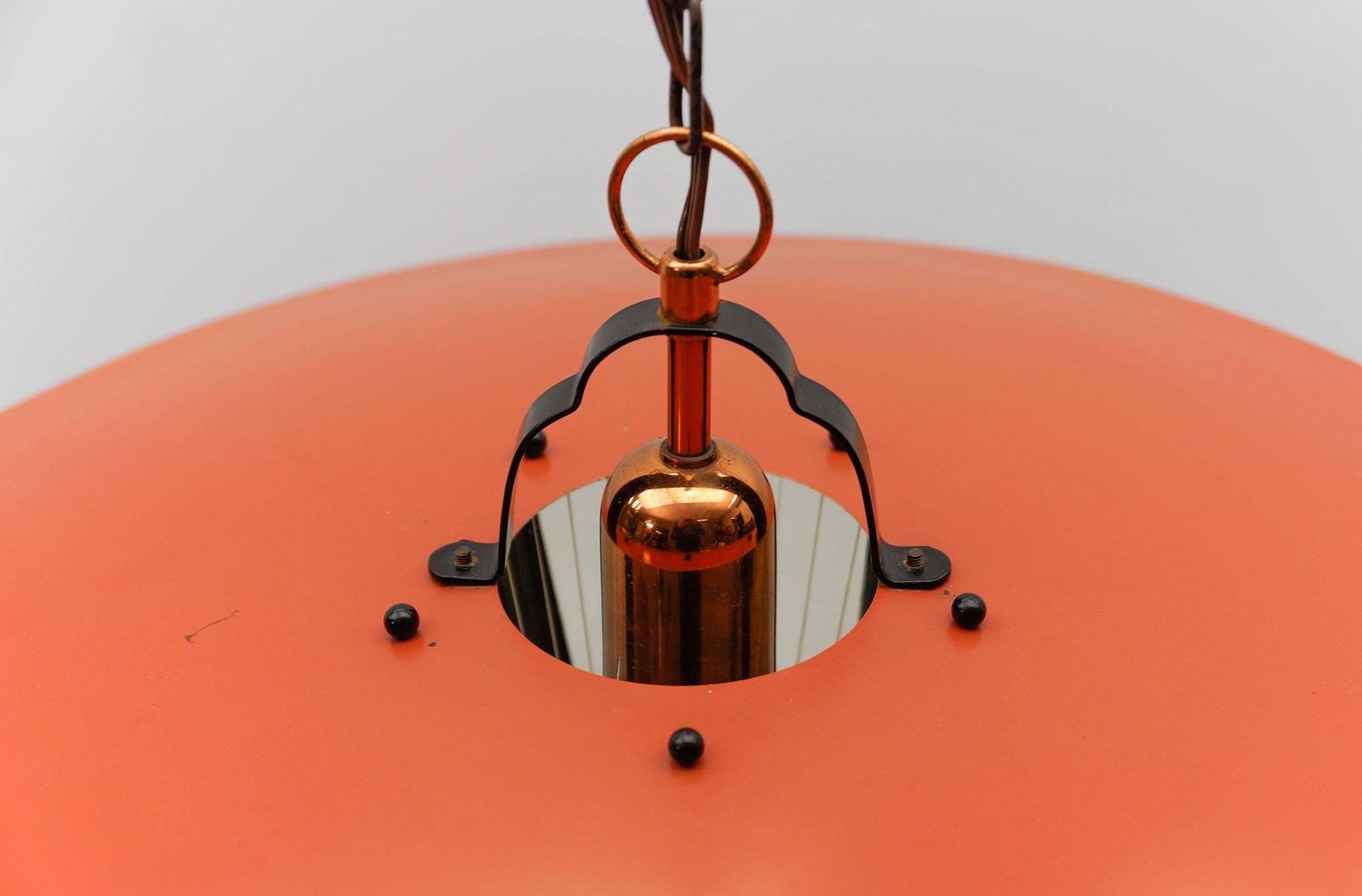 photo vinterior Beautiful Mid Century Modern Hanging Lamp In Glass, Copper And Metal, 1950s