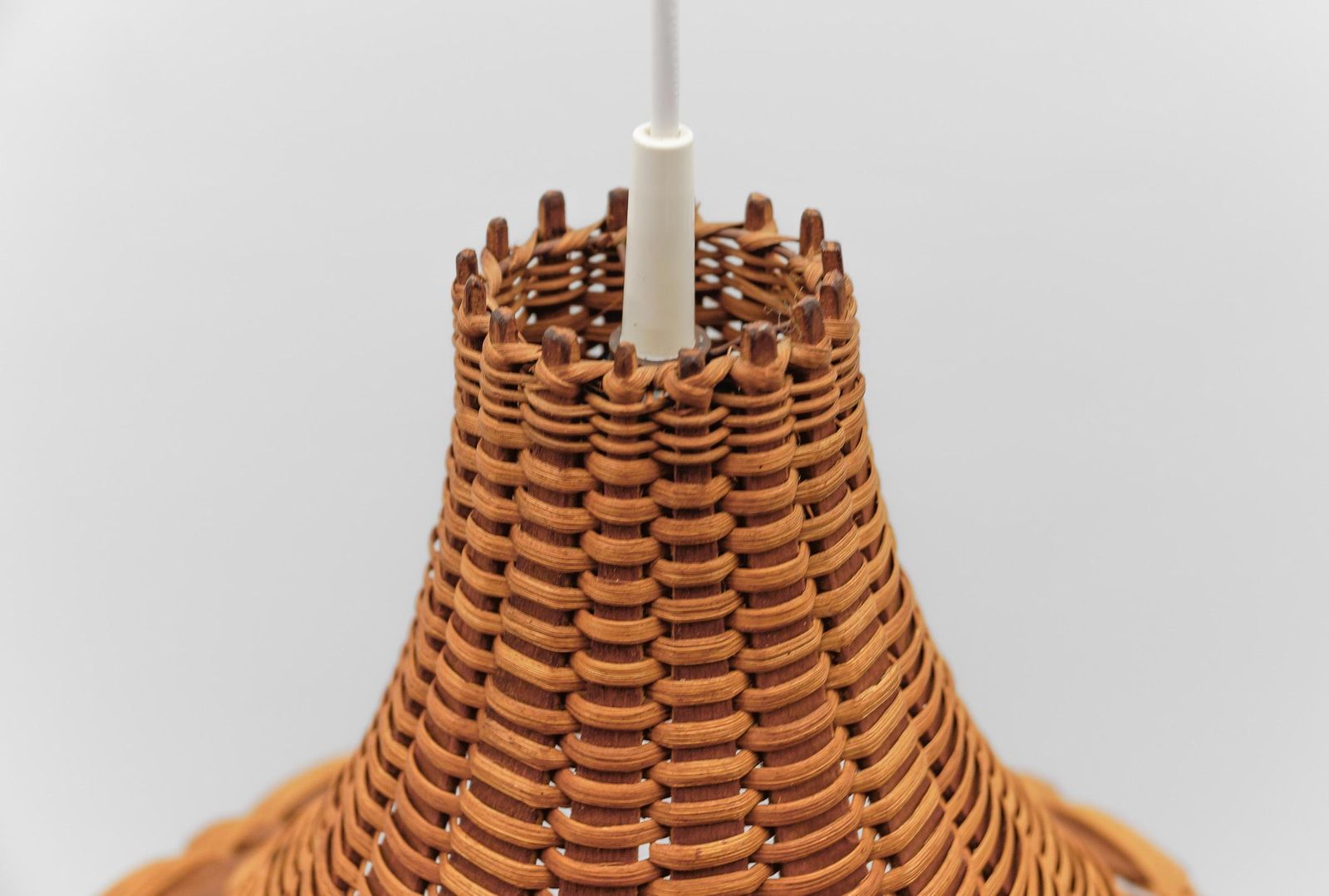 photo for sale Lovely Mid Century Modern Rattan Wicker And Wood Pendant Lamp, 1960s Italy