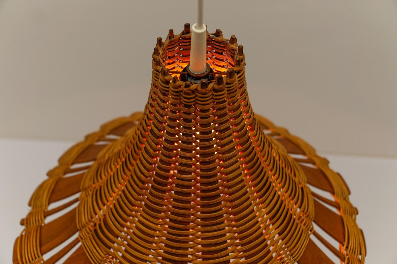 Lighting Lovely Mid Century Modern Rattan Wicker And Wood Pendant Lamp, 1960s Italy photo
