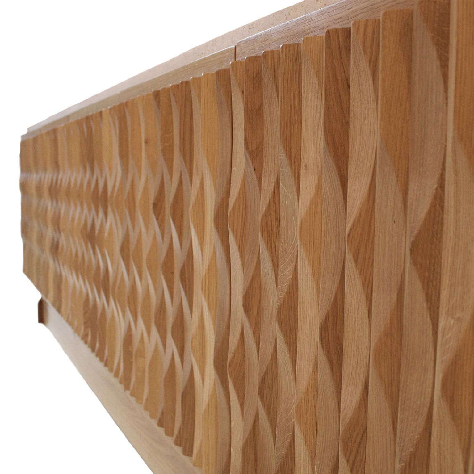 Italian Oak Wood Sideboard With Hand Carved Patterns And Travertine Marble Top photo vinterior
